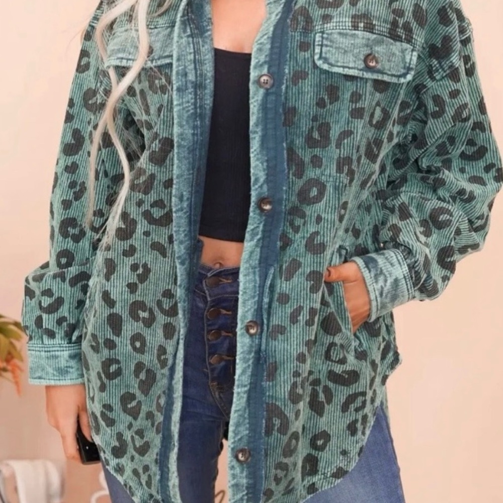 Vintage Bibi Washed Leopard Corduroy Button up Jacket Womens L Raw Hem Boho Blue - Picture 2 of 11
